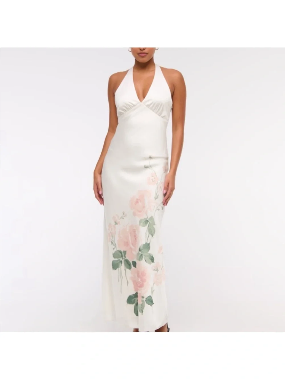 Abercrombie & Fitch Julia Slip Halter Maxi Dress Cream Floral Satin Large Tall